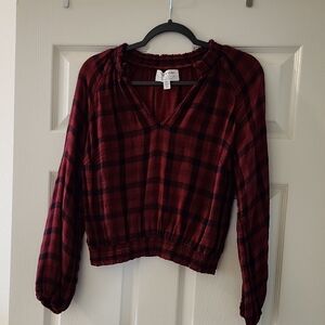 Anthropologie Red Plaid V-Neck Blouse